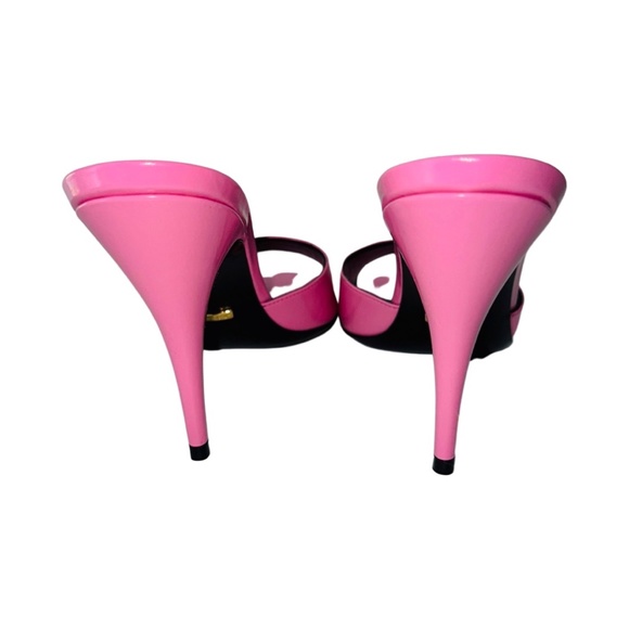 Size 38 Gucci Women's Pink Shiny Leather Open Toe High Heel Slide - Picture 3 of 4